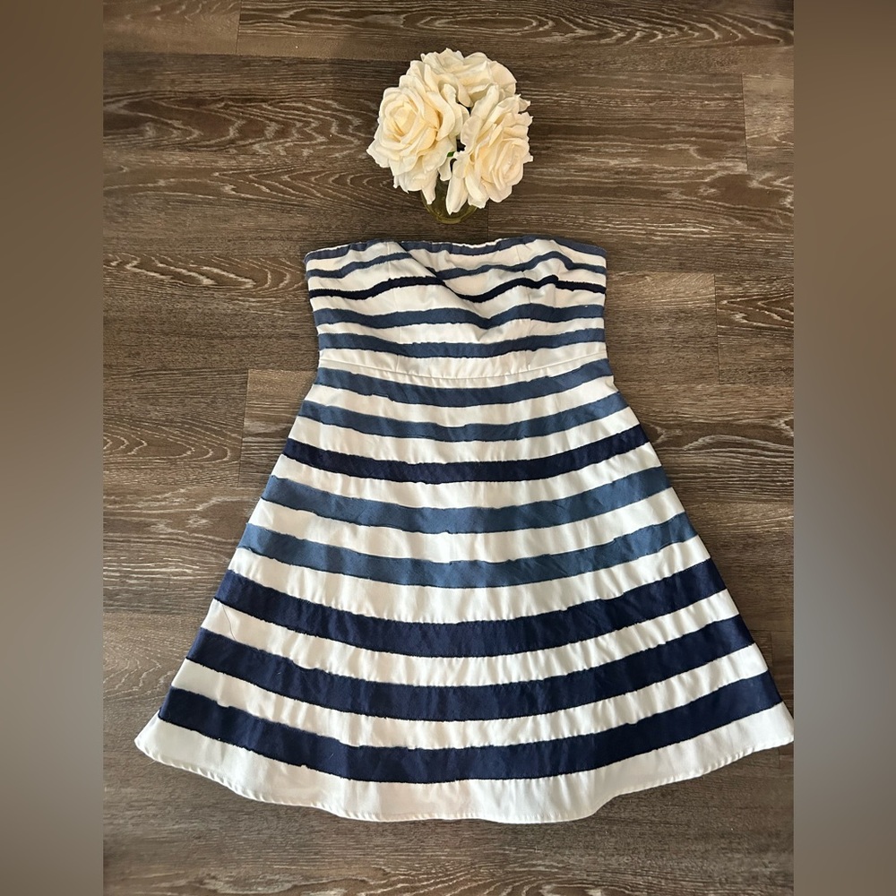 Navy blue and white Striped Strapless Dress, size medium